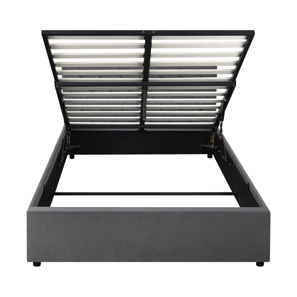 Queen Size Bed Frame with Gas Lift Storage Base Fabric Grey