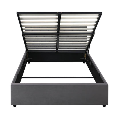 Queen Size Bed Frame with Gas Lift Storage Base Fabric Grey