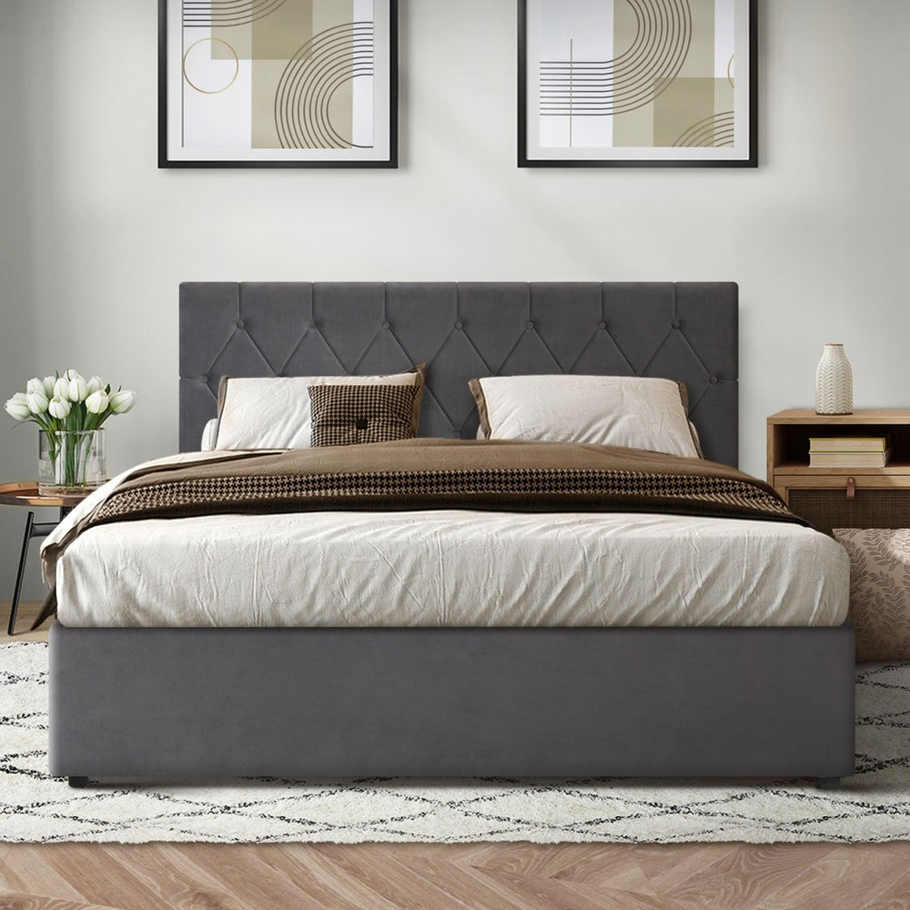 Queen Size Bed Frame with Gas Lift Storage Base Fabric Grey