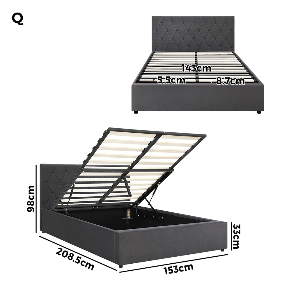 Queen Size Bed Frame with Gas Lift Storage Base Fabric Grey