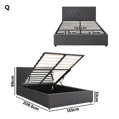 Queen Size Bed Frame with Gas Lift Storage Base Fabric Grey