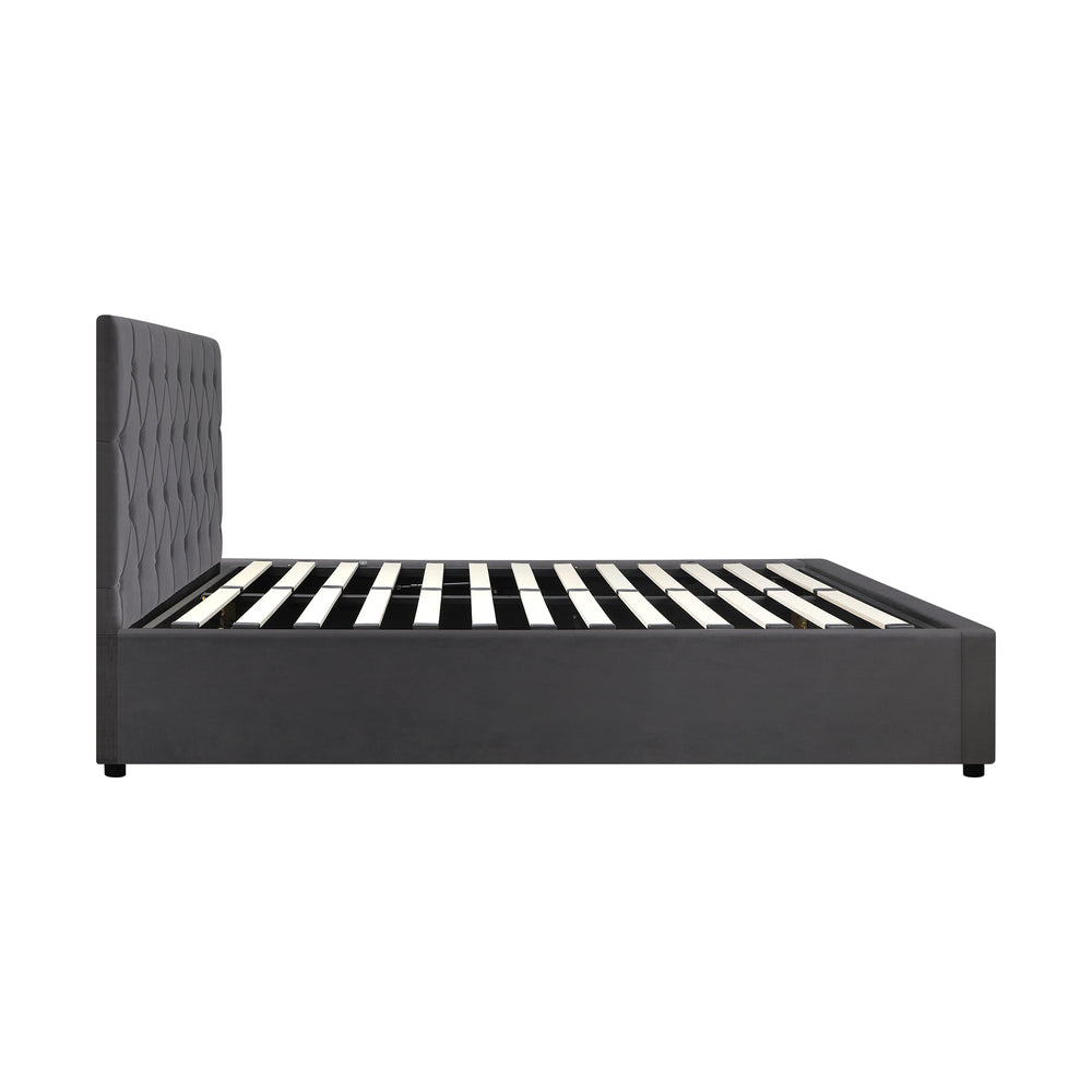 King Single Size Bed Frame with Gas Lift Storage Base Fabric Grey