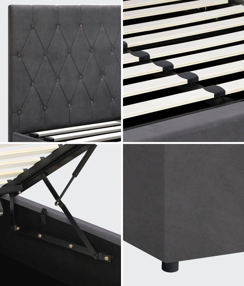 King Single Size Bed Frame with Gas Lift Storage Base Fabric Grey