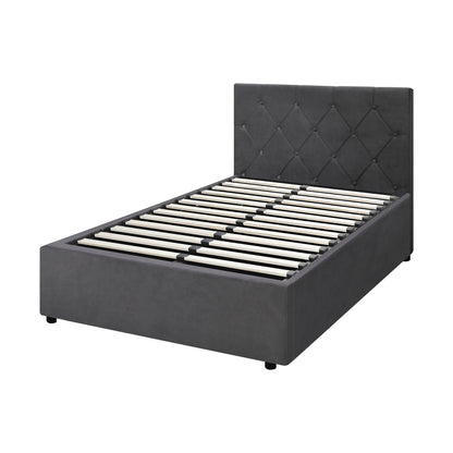 King Single Size Bed Frame with Gas Lift Storage Base Fabric Grey
