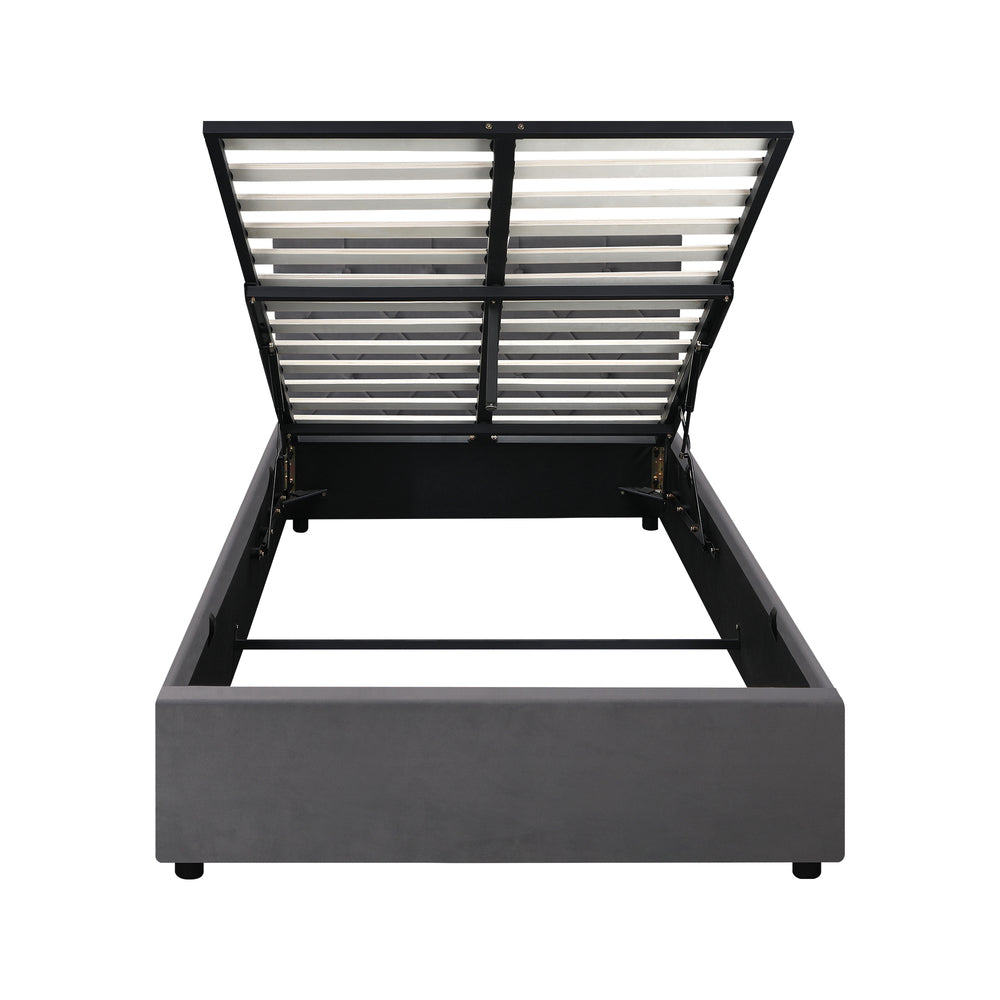 King Single Size Bed Frame with Gas Lift Storage Base Fabric Grey