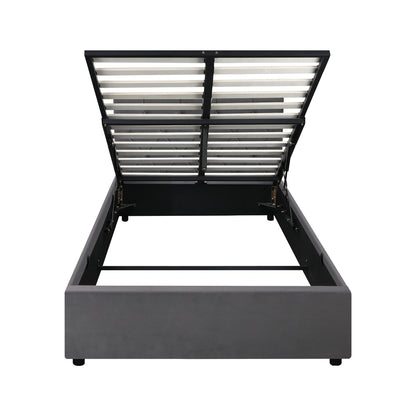 King Single Size Bed Frame with Gas Lift Storage Base Fabric Grey
