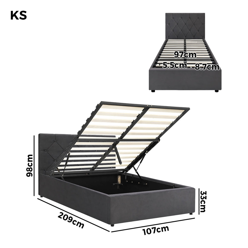 King Single Size Bed Frame with Gas Lift Storage Base Fabric Grey