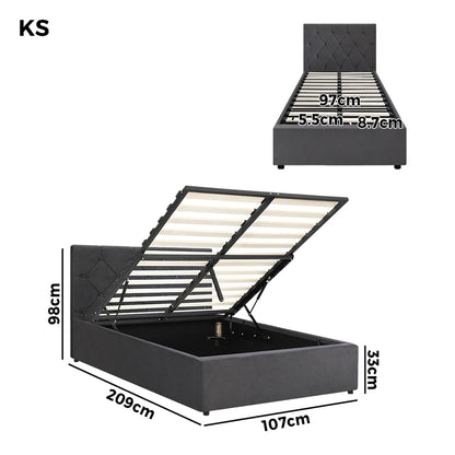 King Single Size Bed Frame with Gas Lift Storage Base Fabric Grey