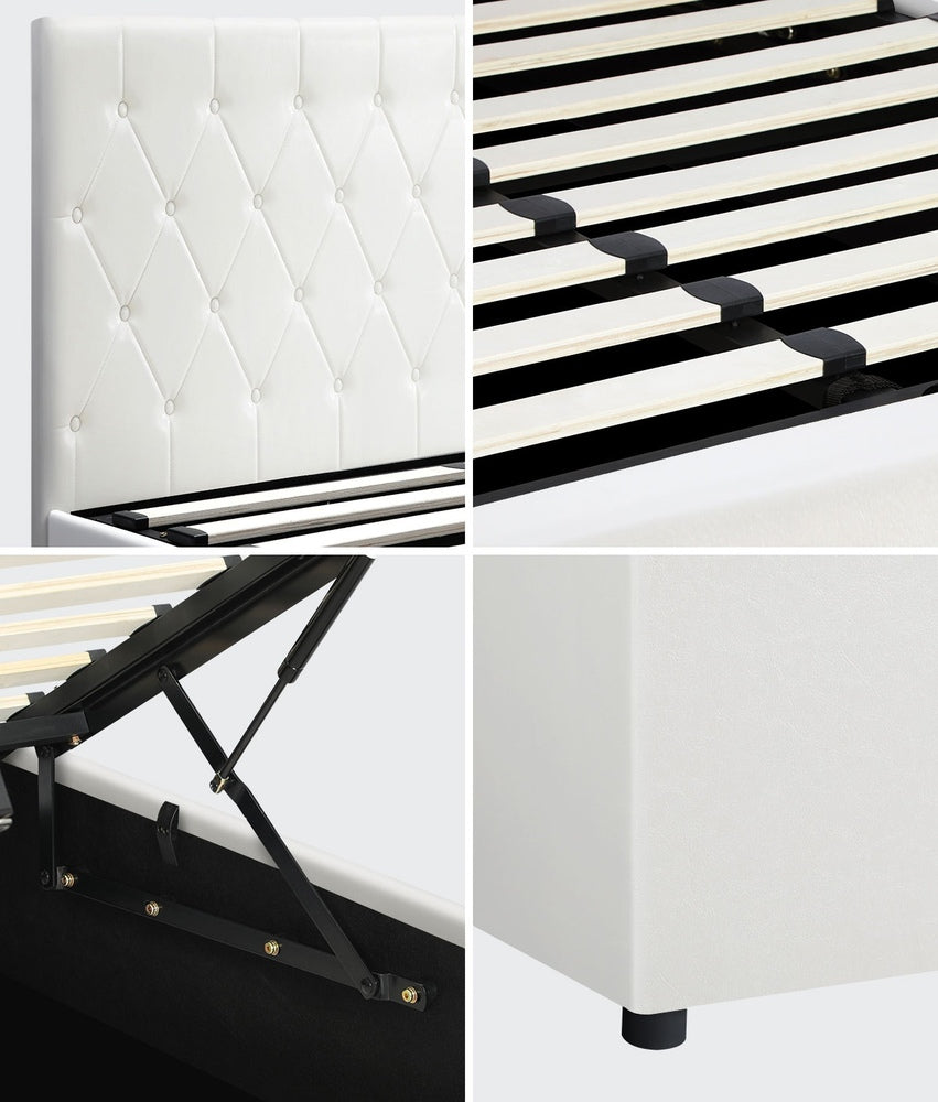 King Single Bed Frame with Gas Lift Storage Base Leather White