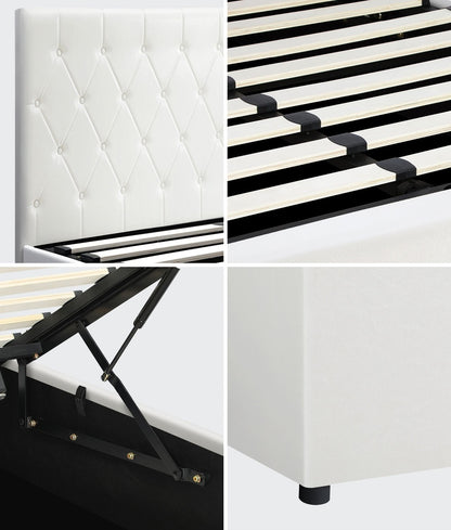 King Single Bed Frame with Gas Lift Storage Base Leather White