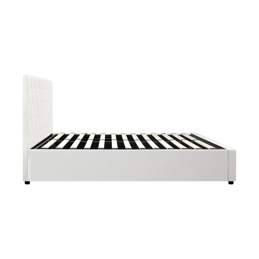 King Single Bed Frame with Gas Lift Storage Base Leather White