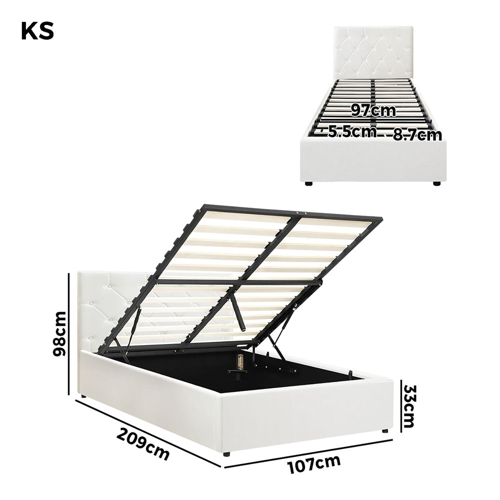 King Single Bed Frame with Gas Lift Storage Base Leather White