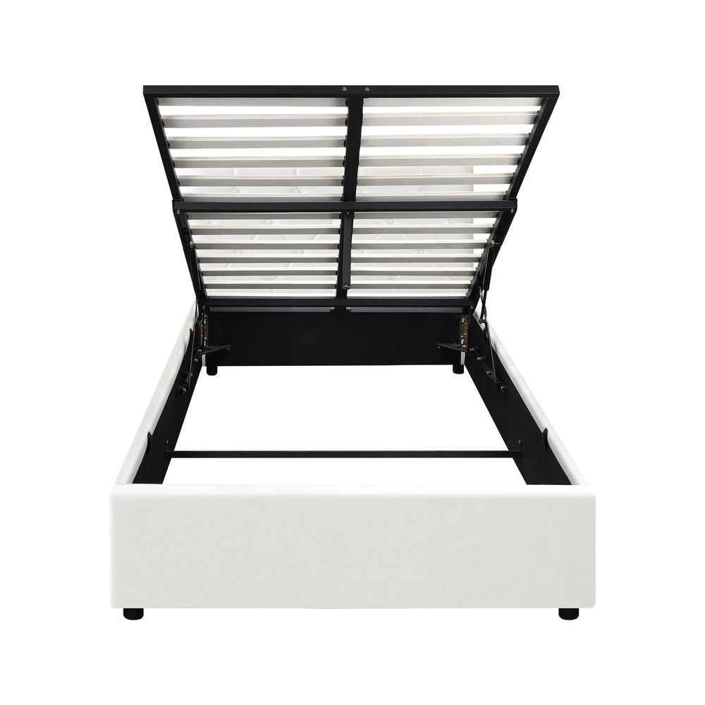 King Single Bed Frame with Gas Lift Storage Base Leather White