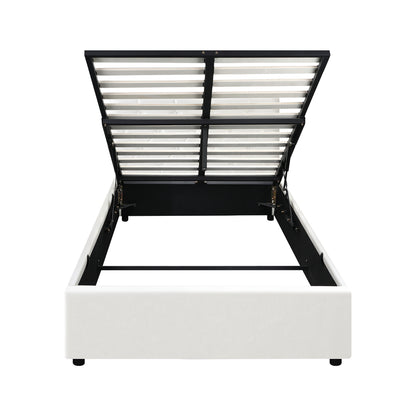 King Single Bed Frame with Gas Lift Storage Base Leather White