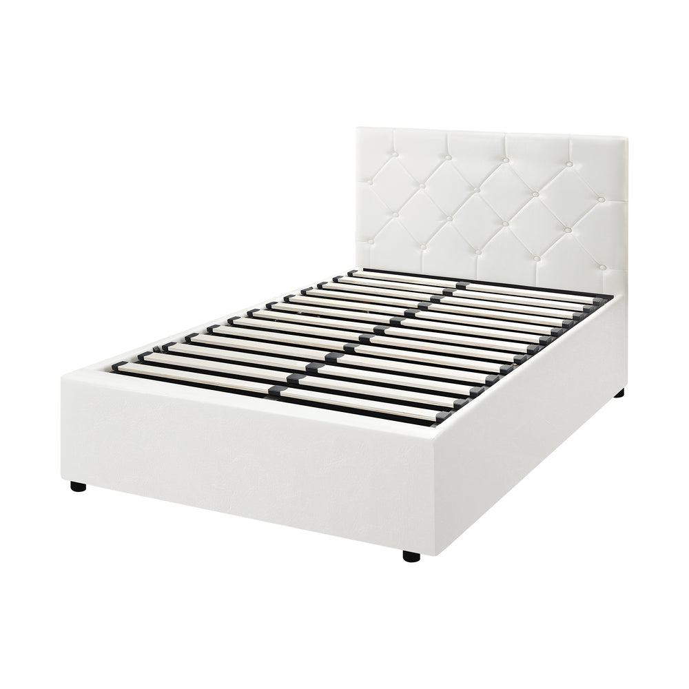 King Single Bed Frame with Gas Lift Storage Base Leather White