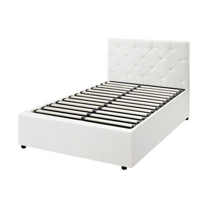 King Single Bed Frame with Gas Lift Storage Base Leather White