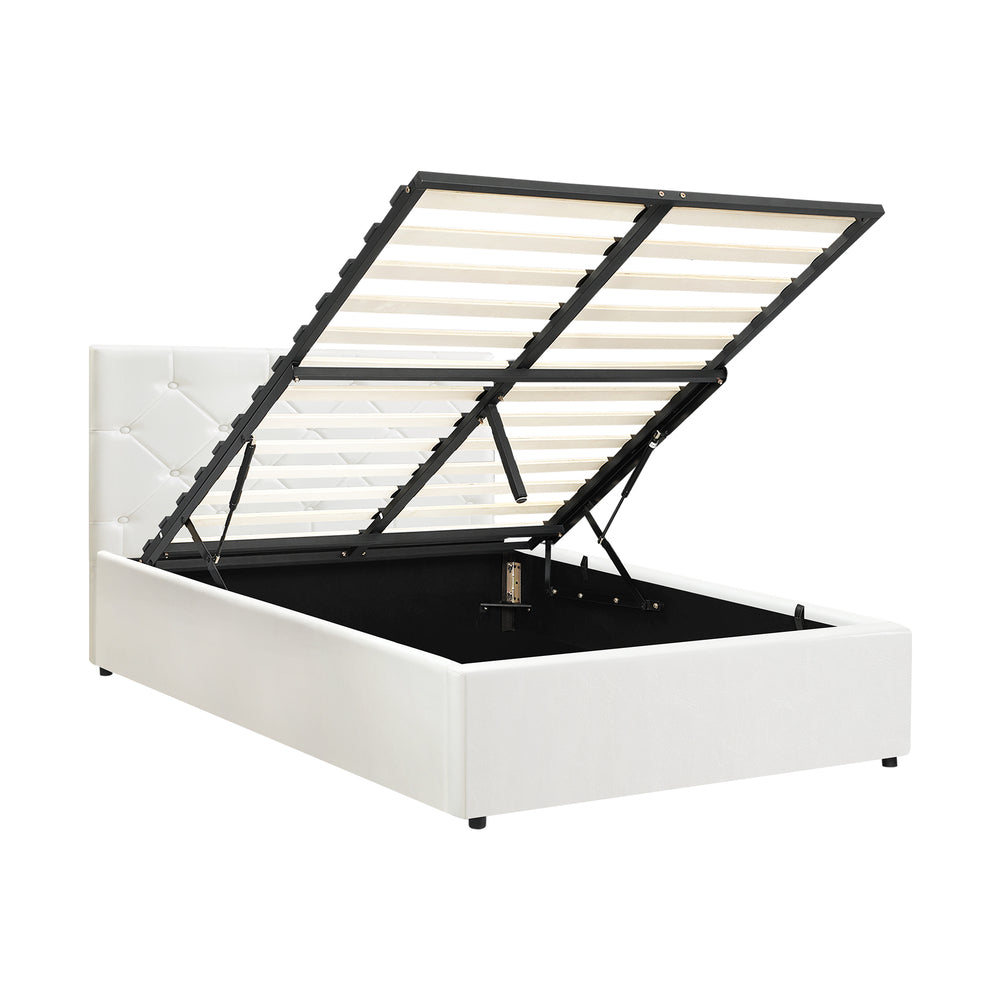 King Single Bed Frame with Gas Lift Storage Base Leather White