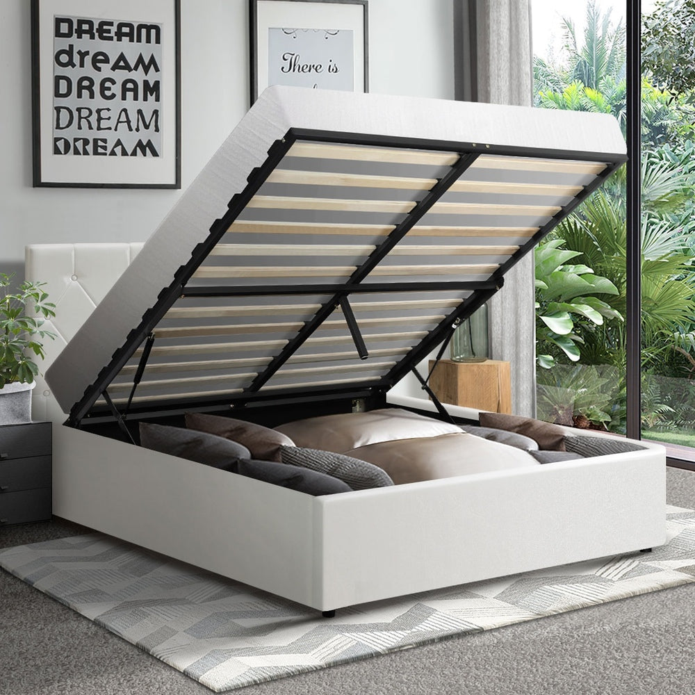 King Single Bed Frame with Gas Lift Storage Base Leather White
