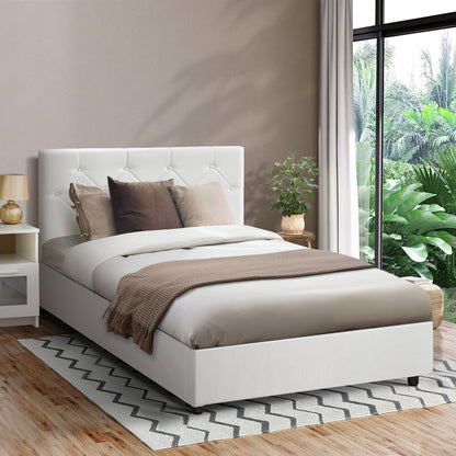 King Single Bed Frame with Gas Lift Storage Base Leather White