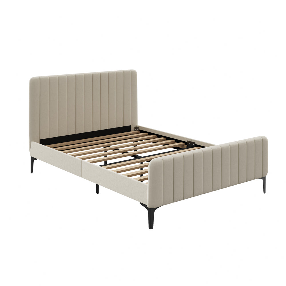 Double Bed Frame Velvet Fabric Beige