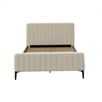 Double Bed Frame Velvet Fabric Beige