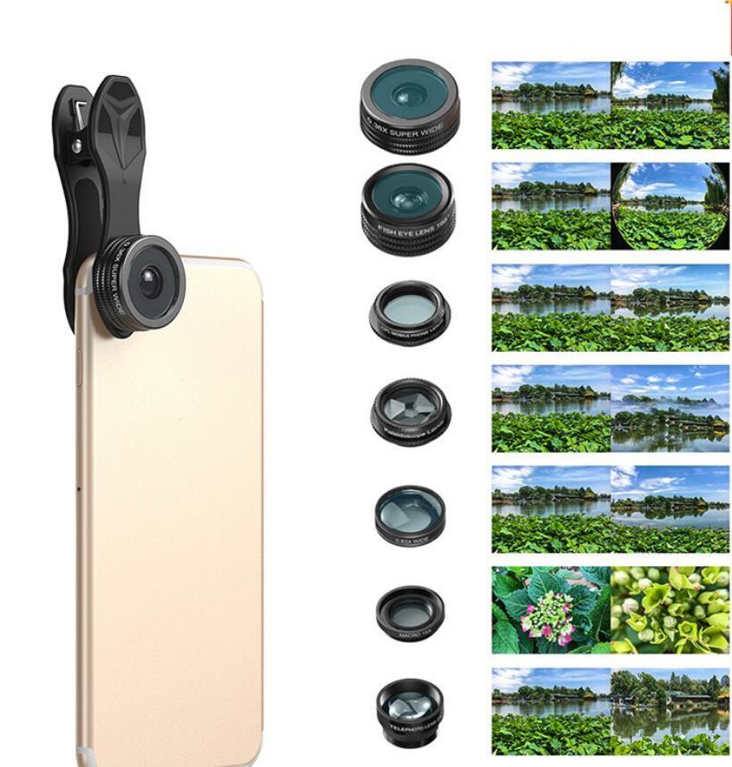 APEXEL Phone lens kit universal 10 in 1 Fisheye Wide Angle macro Lens CPL Filter Kaleidoscope+2X telescope Lens for smartphone
