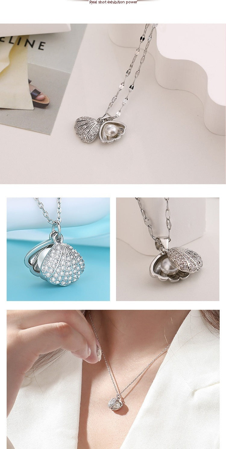 Shell Pearl Pendant Titanium Steel Ornament Necklace Light Luxury Advanced Micro Inlay Rhinestones
