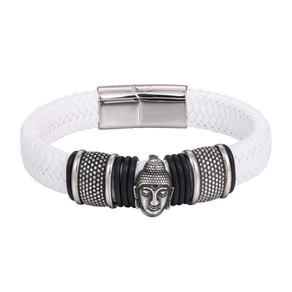 Buddha Sakyamuni Leather Stainless Steel Magnetic Clasp Black Brown Leather Strap Bracelet