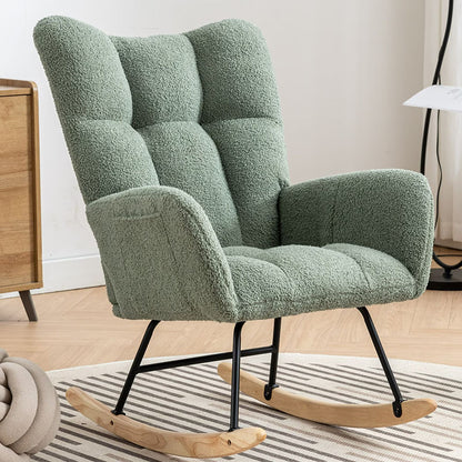 Rocking Chair With Pocket, Soft Teddy Fabric Rocking Chair For Nursery, Comfy Wingback Golider Rocking Chair With Safe Solid Wood Base For Living Room Bedroom Balcony