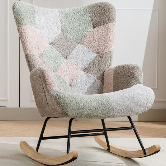 Modern Patchwork Accent Chair With Solid Wood Armrest And Feet, Mid-Century Modern Accent Sofa, Fabric Sofa Chair For Living Room Bedroom Studio, Comfy Side Armchair For Bed