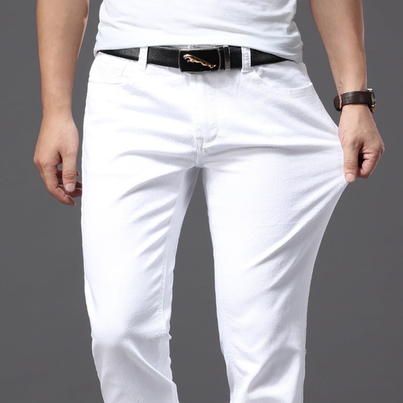 Light-Colored Jeans Men'S Loose Straight Summer Ultra-Thin Elastic Middle-Aged Blue And White Casual Pants