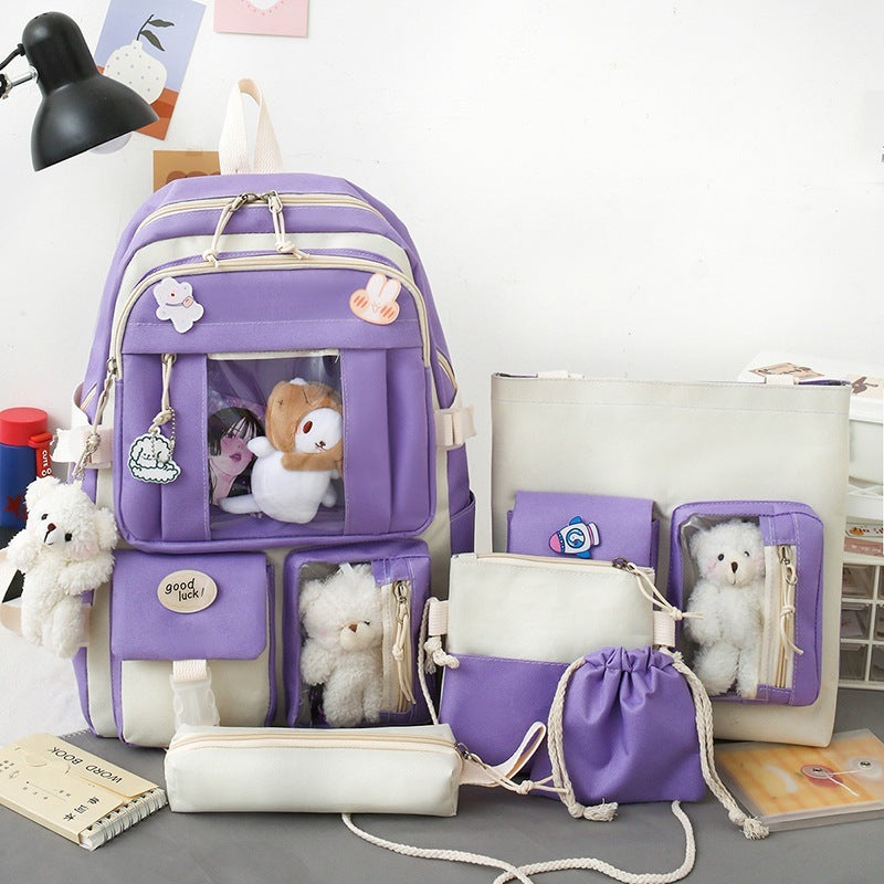 Large-capacity Sturdy Girl's Heart Durable Backpack Five-piece Set