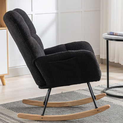 Rocking Chair With Pocket, Soft Teddy Fabric Rocking Chair For Nursery, Comfy Wingback Golider Rocking Chair With Safe Solid Wood Base For Living Room Bedroom Balcony
