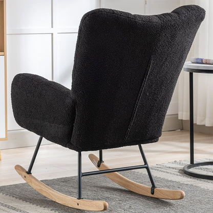 Rocking Chair With Pocket, Soft Teddy Fabric Rocking Chair For Nursery, Comfy Wingback Golider Rocking Chair With Safe Solid Wood Base For Living Room Bedroom Balcony