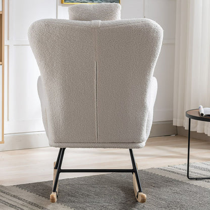 35.5 Inch Rocking Chair With Pocket, Soft Teddy Fabric Rocking Chair For Nursery, Comfy Wingback Glider Rocker With Safe Solid Wood Base For Living Room Bedroom Balcony