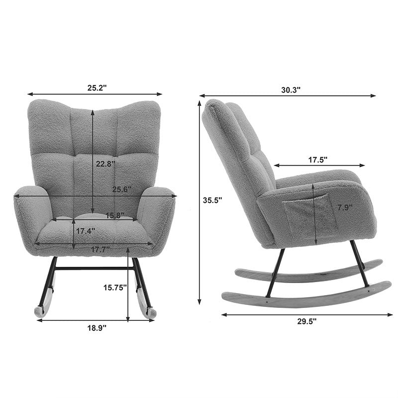 Rocking Chair With Pocket, Soft Teddy Fabric Rocking Chair For Nursery, Comfy Wingback Golider Rocking Chair With Safe Solid Wood Base For Living Room Bedroom Balcony