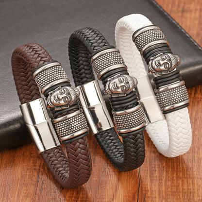 Buddha Sakyamuni Leather Stainless Steel Magnetic Clasp Black Brown Leather Strap Bracelet