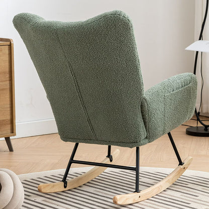 Rocking Chair With Pocket, Soft Teddy Fabric Rocking Chair For Nursery, Comfy Wingback Golider Rocking Chair With Safe Solid Wood Base For Living Room Bedroom Balcony