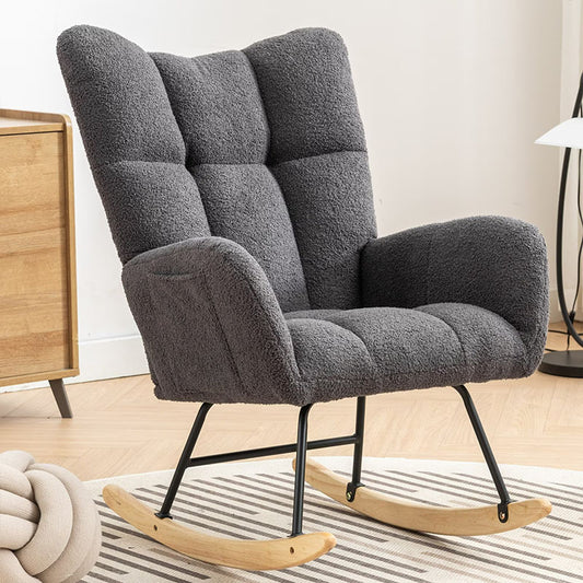 Rocking Chair With Pocket, Soft Teddy Fabric Rocking Chair For Nursery, Comfy Wingback Golider Rocking Chair With Safe Solid Wood Base For Living Room Bedroom Balcony