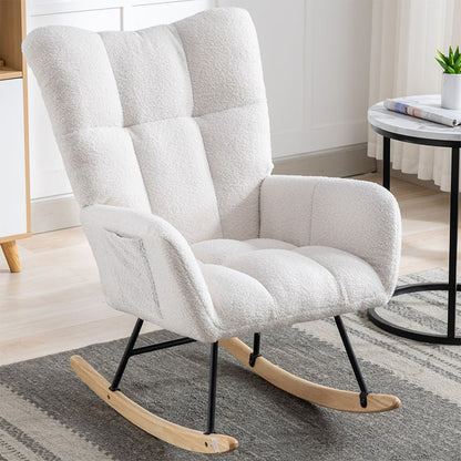 Rocking Chair With Pocket, Soft Teddy Fabric Rocking Chair For Nursery, Comfy Wingback Golider Rocking Chair With Safe Solid Wood Base For Living Room Bedroom Balcony