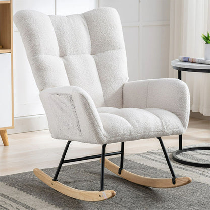 Rocking Chair With Pocket, Soft Teddy Fabric Rocking Chair For Nursery, Comfy Wingback Golider Rocking Chair With Safe Solid Wood Base For Living Room Bedroom Balcony