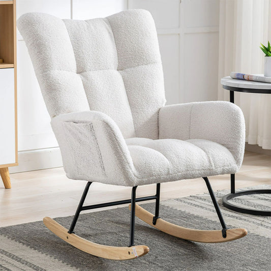 Rocking Chair With Pocket, Soft Teddy Fabric Rocking Chair For Nursery, Comfy Wingback Golider Rocking Chair With Safe Solid Wood Base For Living Room Bedroom Balcony