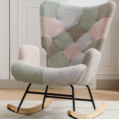 Modern Patchwork Accent Chair With Solid Wood Armrest And Feet, Mid-Century Modern Accent Sofa, Fabric Sofa Chair For Living Room Bedroom Studio, Comfy Side Armchair For Bed