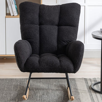 Rocking Chair With Pocket, Soft Teddy Fabric Rocking Chair For Nursery, Comfy Wingback Golider Rocking Chair With Safe Solid Wood Base For Living Room Bedroom Balcony