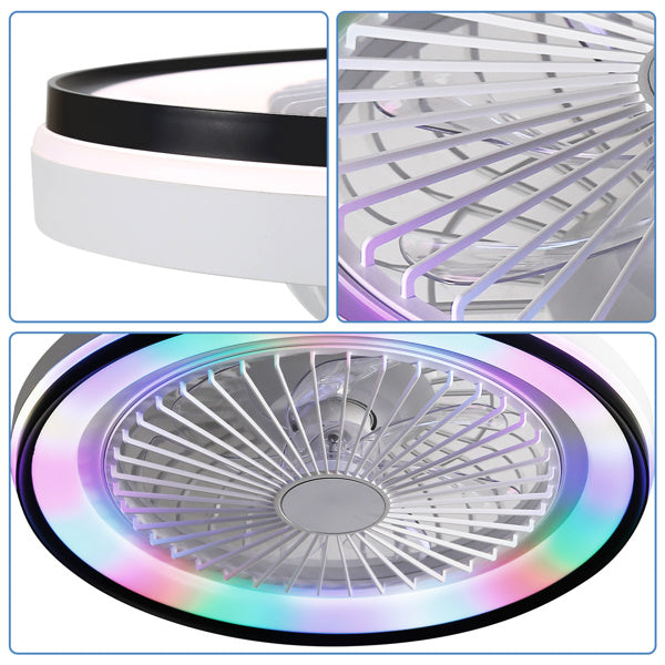 19 Inch RGB Dimmable LED Enclosed Ceiling Fan With Embedded Bladeless 6-speed Remote Control, Suitable For Bedroom Parties