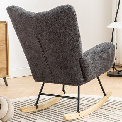 Rocking Chair With Pocket, Soft Teddy Fabric Rocking Chair For Nursery, Comfy Wingback Golider Rocking Chair With Safe Solid Wood Base For Living Room Bedroom Balcony