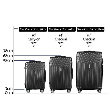 Wanderlite 3 Set Luggage 20-24-28 Inch Suitcase with TSA Lock Carry On Hard Shell Travel Luggage Organiser Case Black