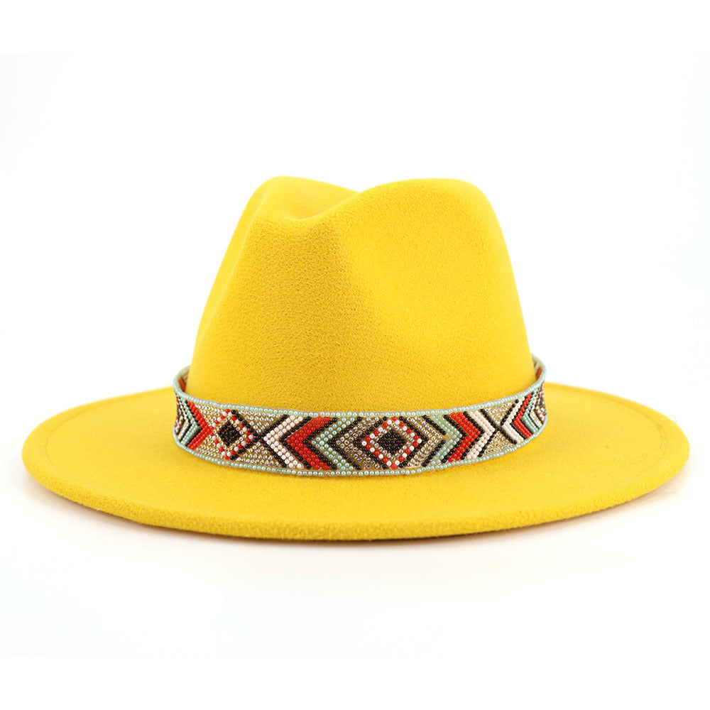 Autumn And Winter New Blue Bead Woolen Hat Fashion Panama Jazz Hat