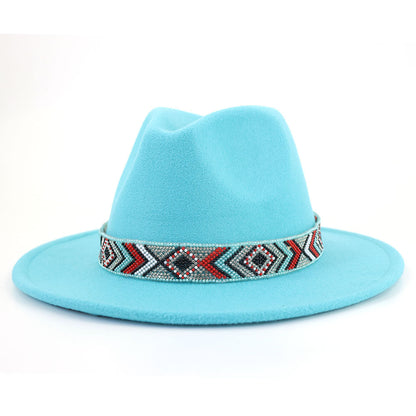 Autumn And Winter New Blue Bead Woolen Hat Fashion Panama Jazz Hat