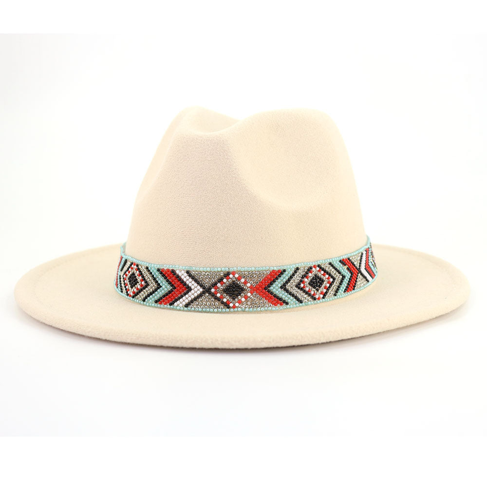 Autumn And Winter New Blue Bead Woolen Hat Fashion Panama Jazz Hat